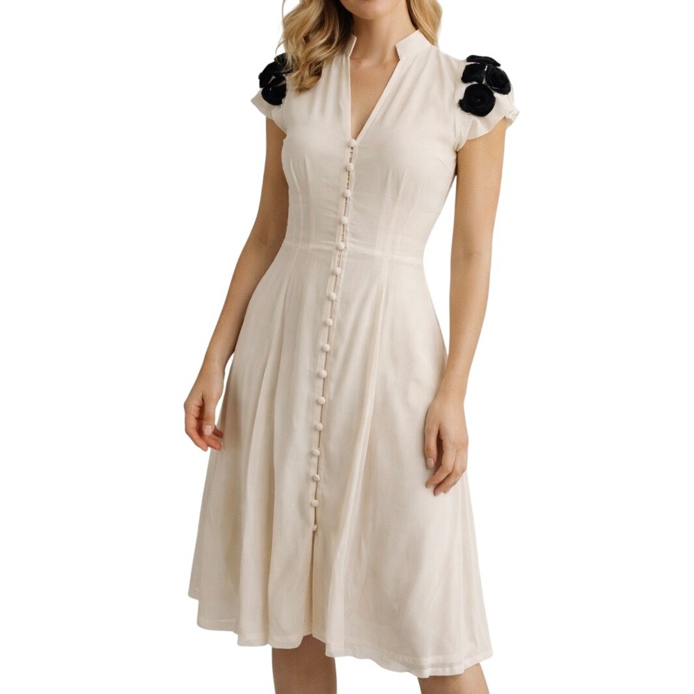 Byron Lars Beauty Mark Silk Midi Dress Button Rosette Shoulder‎ Black White Sz 8